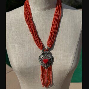 Vintage Tibetan-Style Necklace Orange & Silver Heart Pendant, 23"+ Boho Tribal